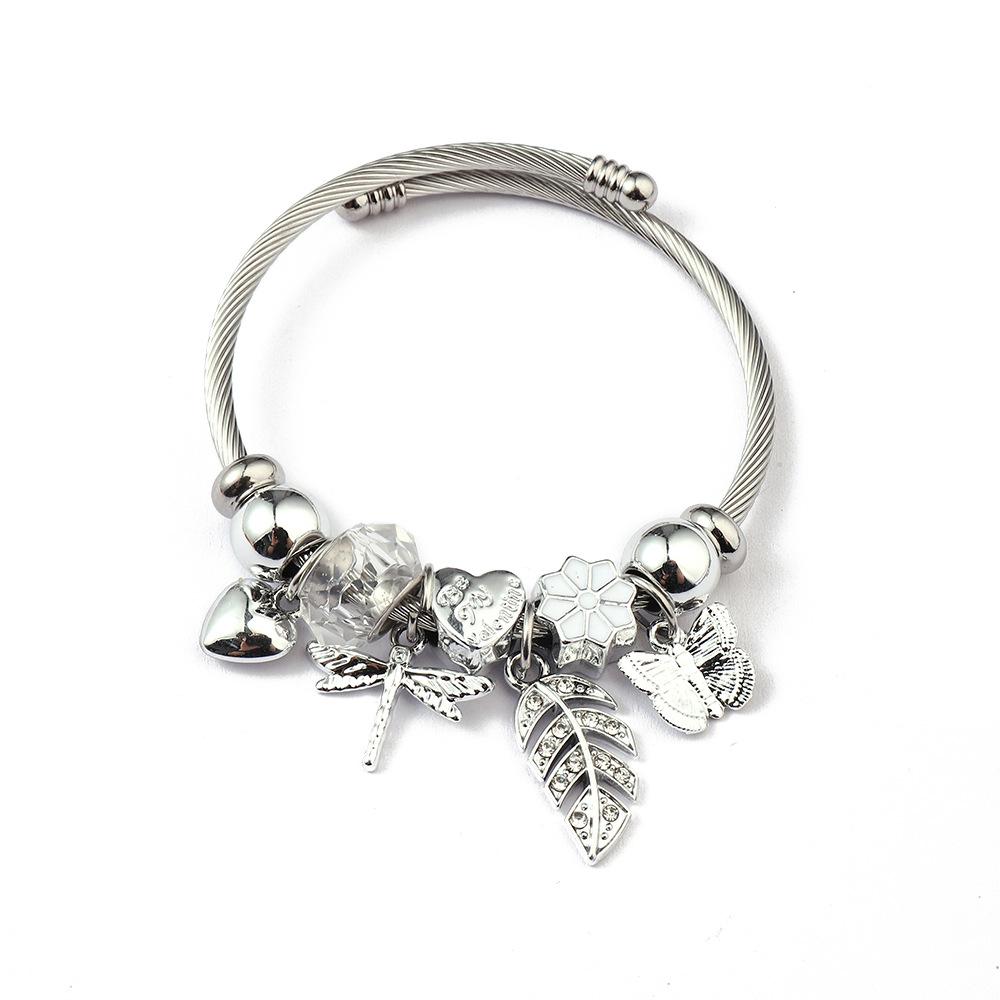 Simple Fashion Stainless Steel Bracelet With Crystal Bead Pendant Unisex Jewelry