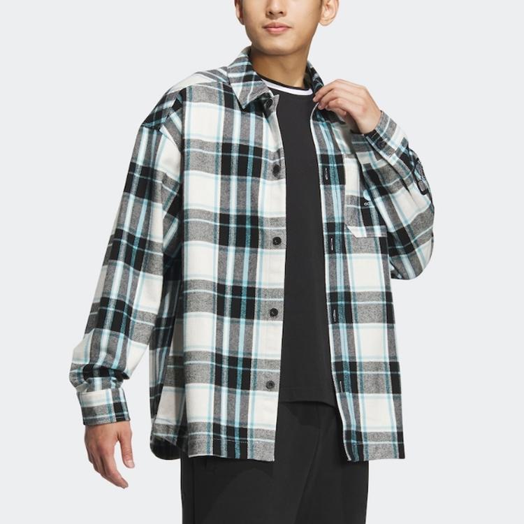 Adidas Neo Logo Embroidered Checkered Stripe Print Single-Breasted Jacket Men Jacket Black Vintage-Blue IA6842