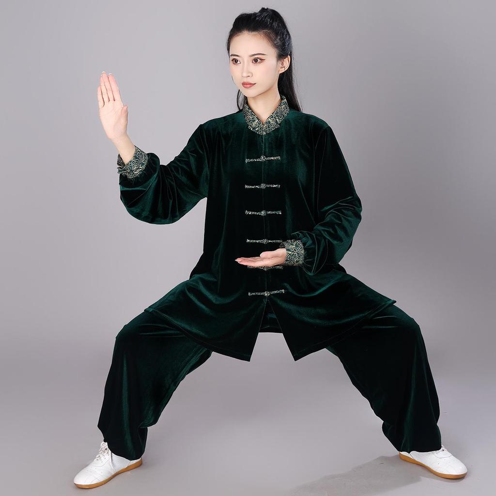 Abbigliamento di alta gamma coreano in velluto per la pratica del Tai Chi da donna con colletto a nuvola propiziatoria - Uniforme per arti marziali per performance autunnali/invernali