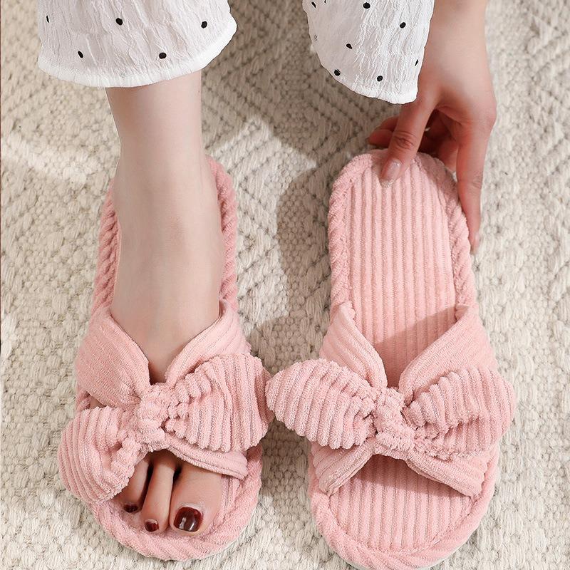 Girl cotton slippers bow home plush slippers indoor fluffy women fluffy