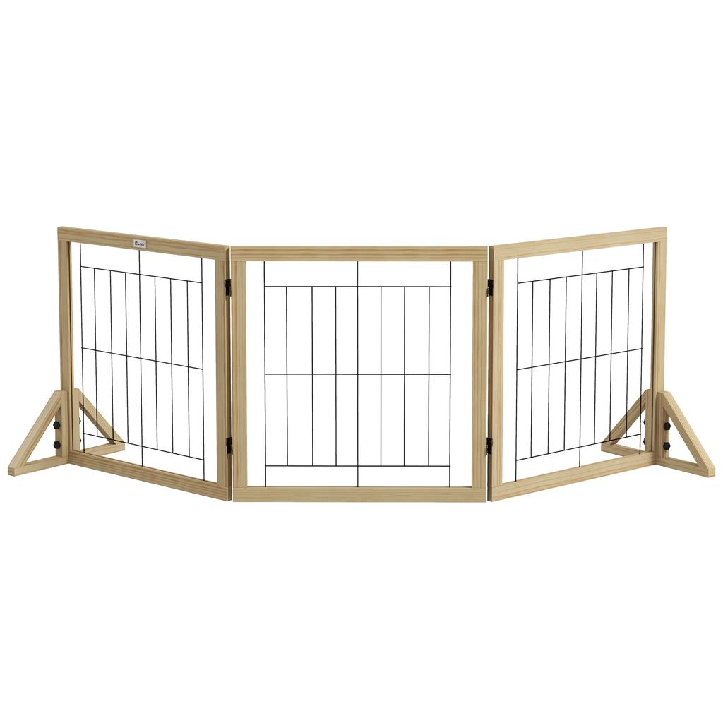 Folding Dog Gate with 3 Panels and Triangular Feet, 210x70 Cm, Natural Wood