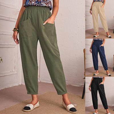 Cotton and Linen Nine-point Pants Elastic Waist Casual Pants Pocket Feet Pants Women