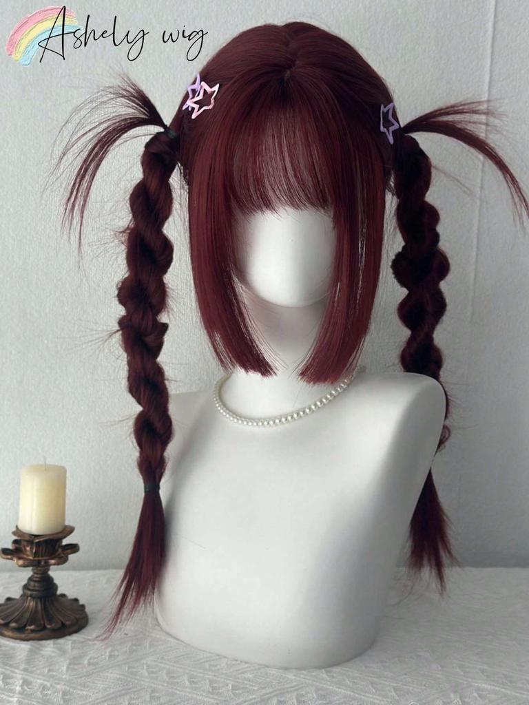 Ashely Cosplay Burgundy Long Straight Wig with Bangs 24 Inch Red Synthetic Wigs for Women Fashion Daily Party Wigs Lolita Wig