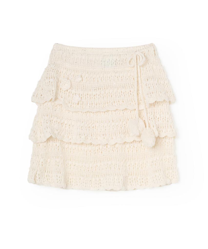 Seuwingses Pom-Pom Flower Tiered Knit Skirt (Cream)
