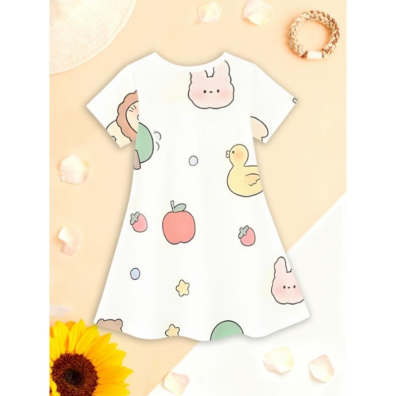 Short-Sleeved Dress for Girls Featuring a 3D Printed Cat Design - a Casual Summer Tutu Dress