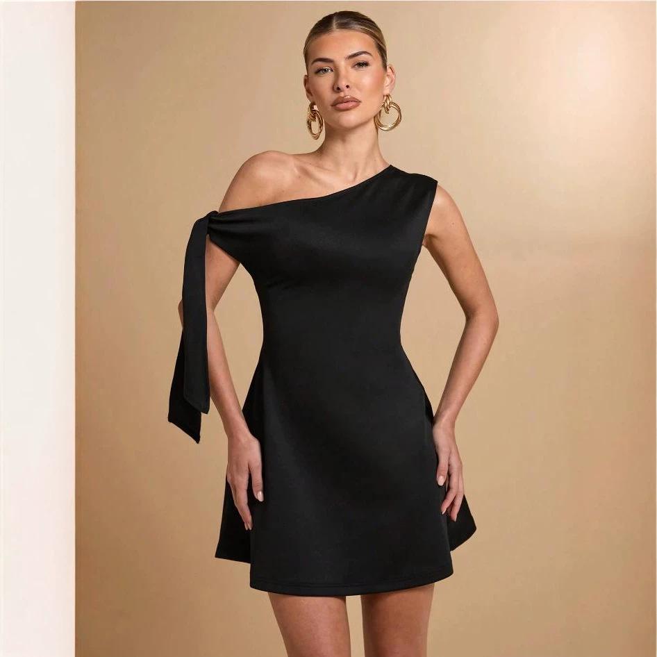 European and American women's clothing fashion Spice Girls new solid color single shoulder sleeveless splicing straps hip wrap short dress women