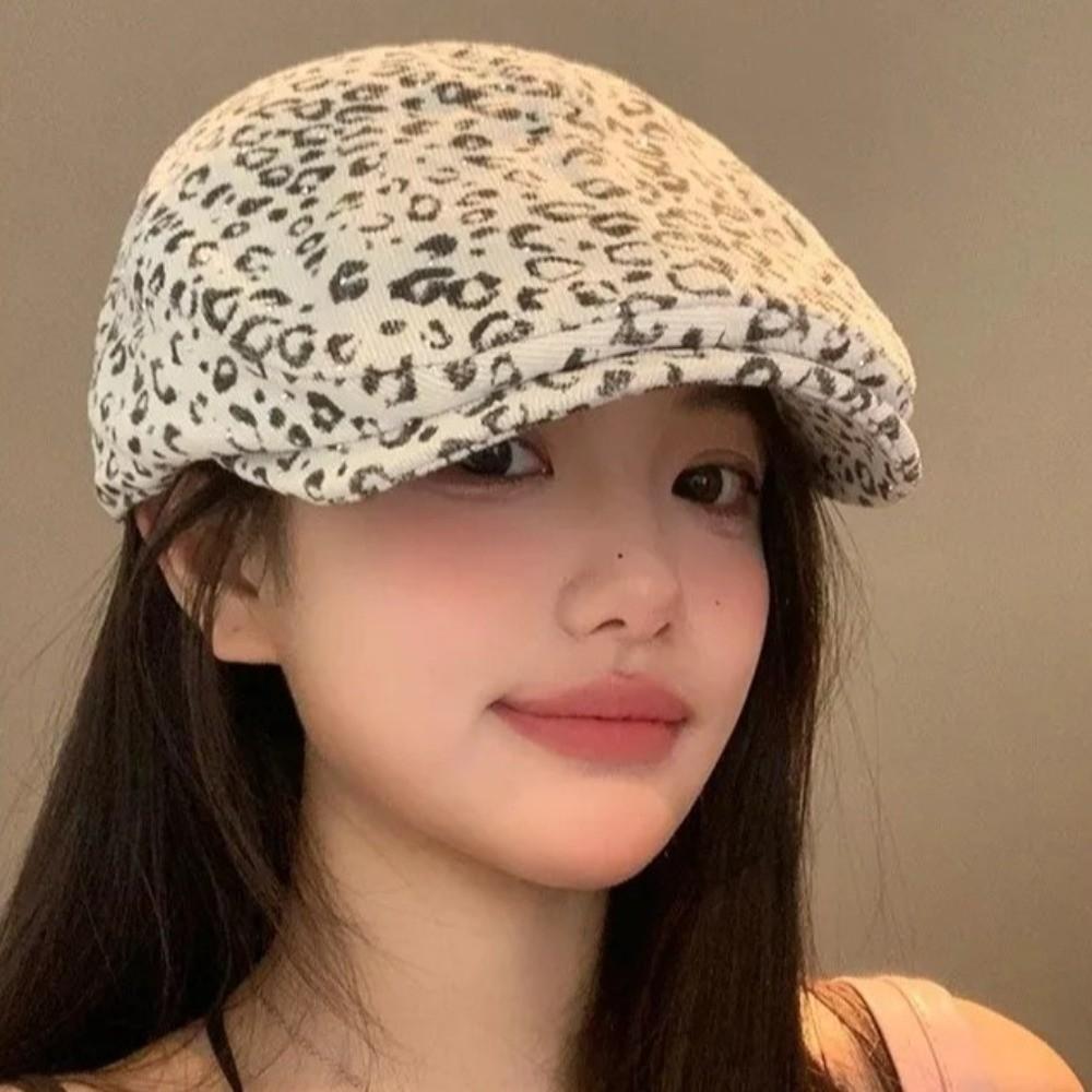 Flat Leopard Print Beret Y2k Painter Cap Cool Leopard Newsboy Cap Streetwear