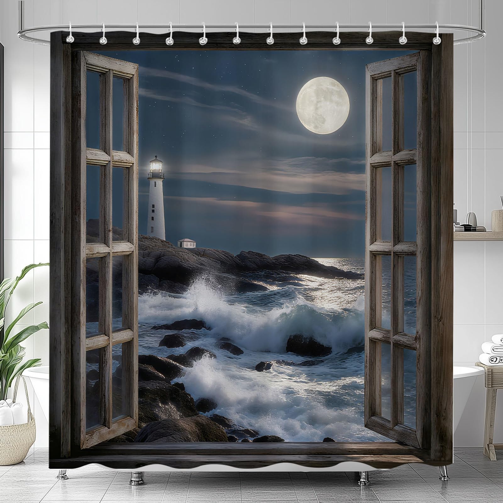 

Night Beach Coastal Lighthouse Printed Shower Curtain Ocean Nautical Seascape For Bathroom Decor W60H190(CM)-1 Pcs