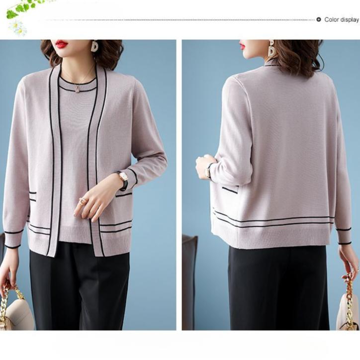 2-teiliges Set mit Strickoberteilen, Frühling und Herbst, für Damen, dünne Strickjacke, Jacke, kurzärmeliges T-Shirt, Übergröße, Strickmantel mit offener Vorderseite, Strick-T-Shirt-Outfits