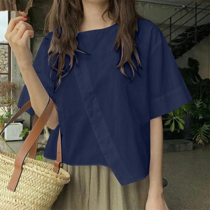 Women Oversize Bluse Summer Chic Irregular Short Sleeve Shirts Korean Fashion Round Neck Harajuku Tops Casual Loose Tunic