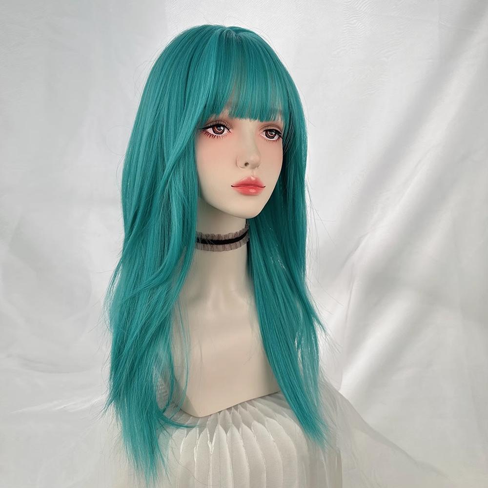 Green Blue Synthetic Long Straight Women Wig with Bangs Lolita Cosplay Fluffy Heat Resistant Wig for Daily Party