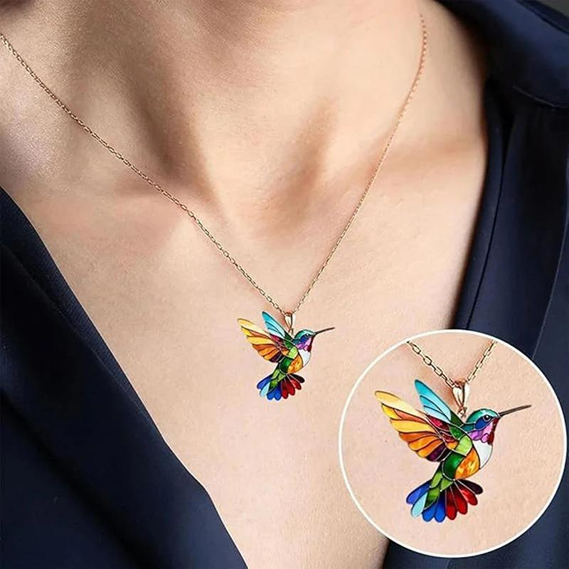 1PC Hummingbird Acrylic Colorful Bird Shape Fashion Necklace for Women Girls Neck Charms Spring Summer Jewelry  Party Gifts