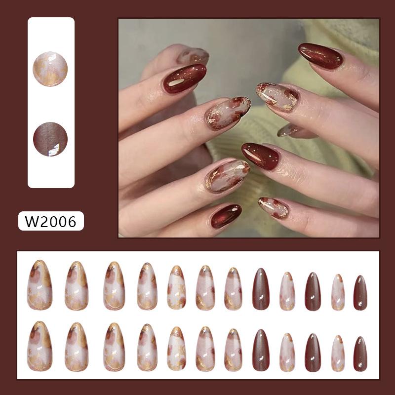Three-dimensional cat's eye amber smudged gold foil ins wind wearing armor 24 pieces press on nails