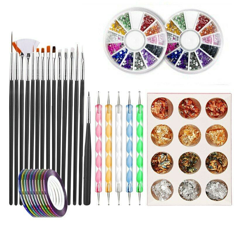44Pcs Nail Art Set Dotting Brushes Tools Rhinestone Sticker Line Tape Foil Decor