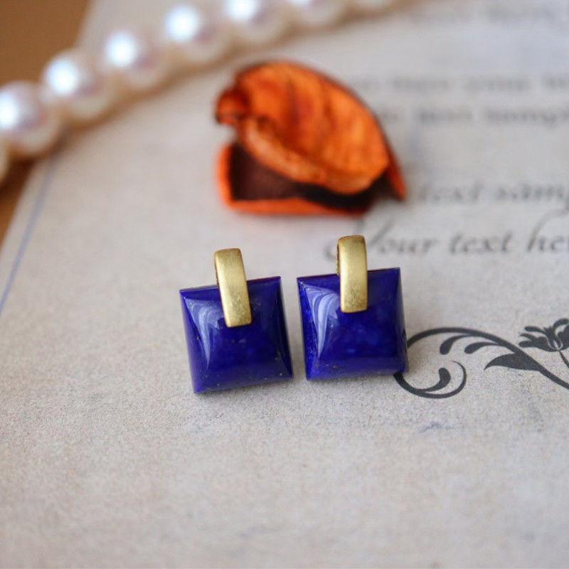 Design Style Blue Square Light Luxury Stud Earrings  Inlaid Lapis Lazuli Square Retro Geometric Earings For Women Jewelry