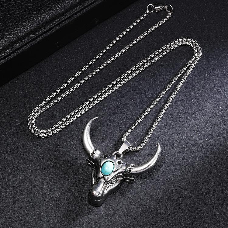 Hip Hop Bull Head Pendant Necklace Retro Stainless Steel Turquoise Inlay Chain