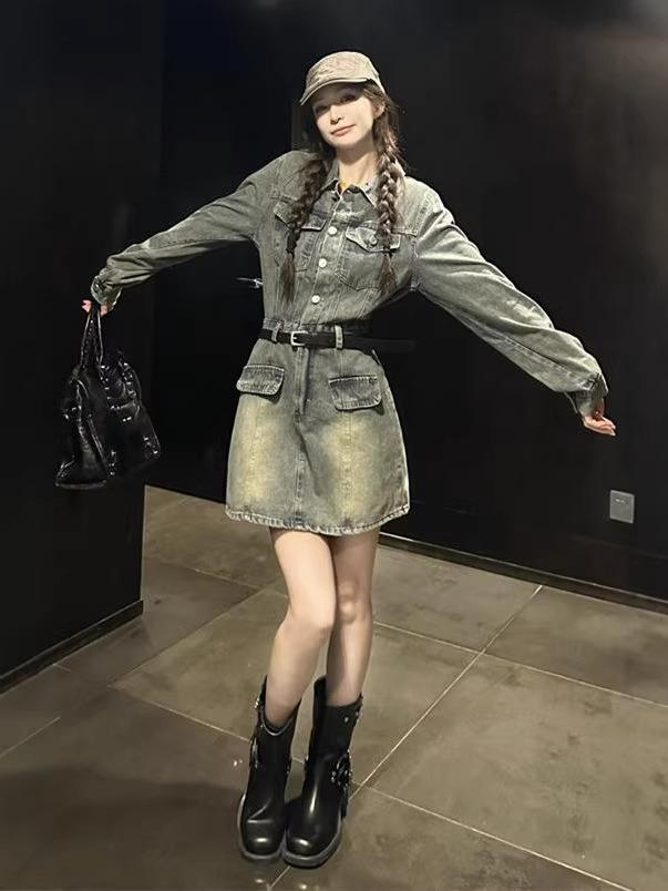 French Spicy Girl 2026 Retro Denim Slimming Jumpsuit-Skirt for Women