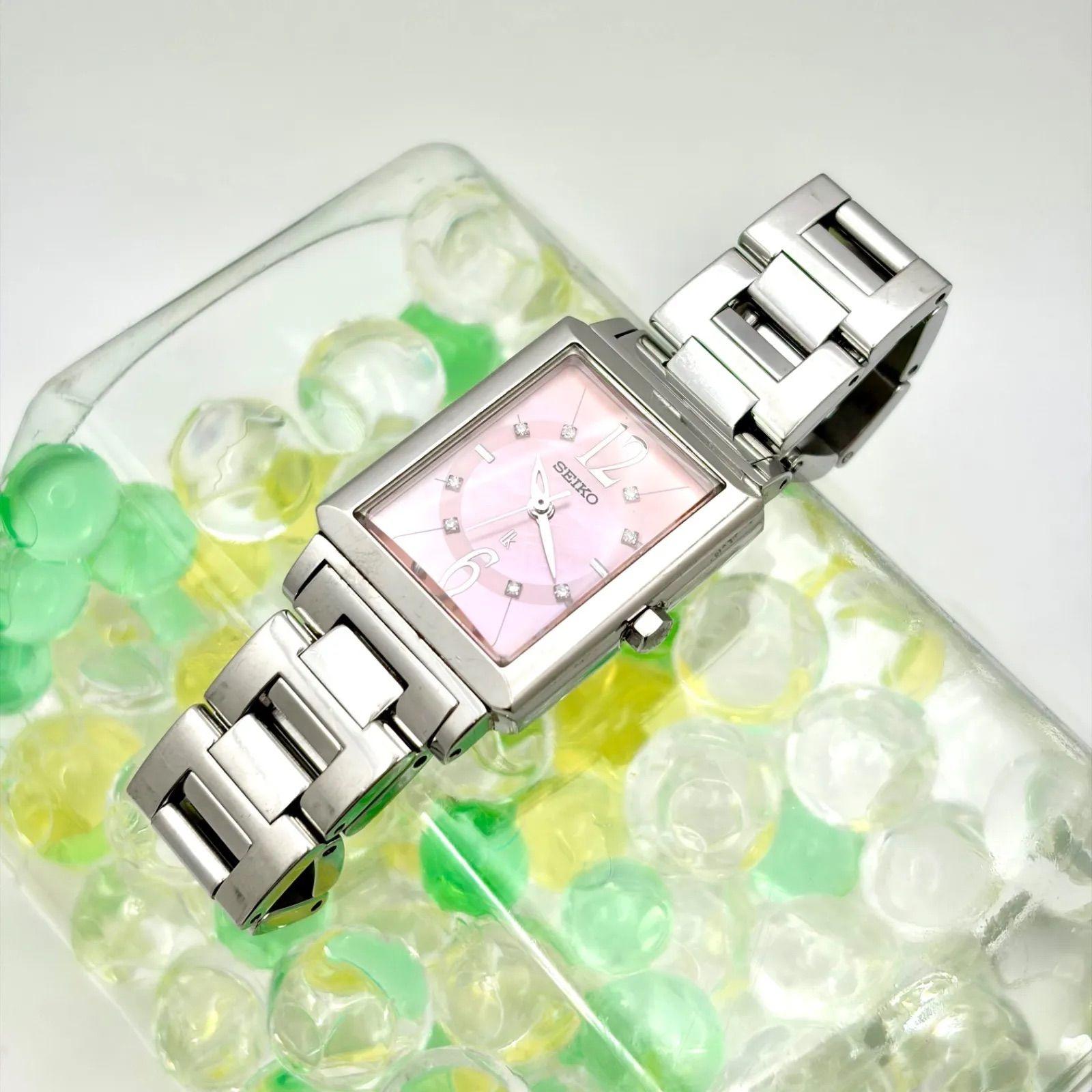 Used [New battery] SEIKO lk Rukia ladies watch 8P diamond pink shell square 1N01-0JP0 650383