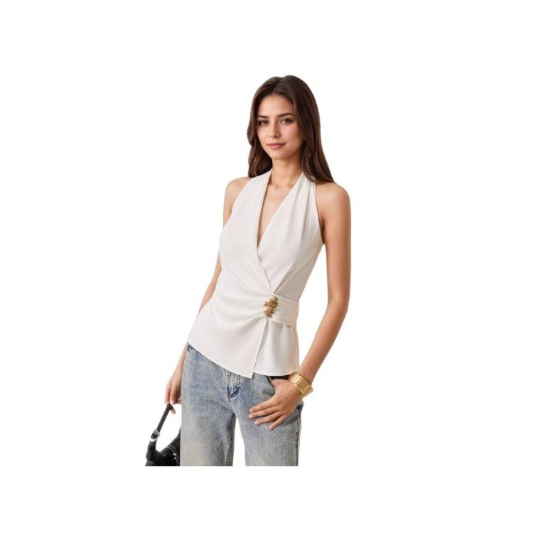 Satin V-neck Fitted Sleeveless Tie-Front Blouse for Women Elegant French-Style Off-the-Shoulder Waist-Cinched Summer Top for The Office