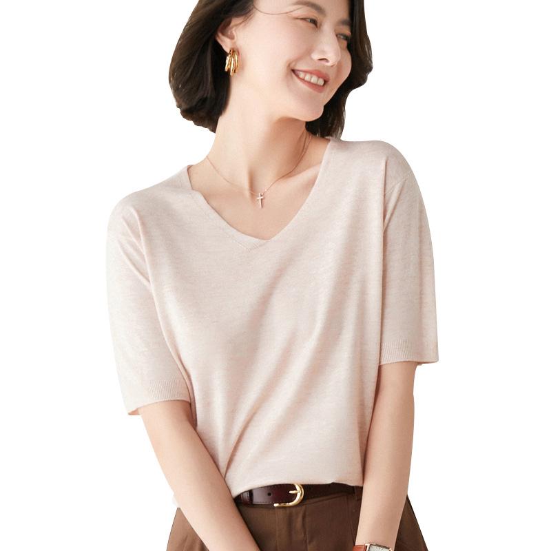 Women's V-Neck Knit Pullover Sweater, Mid-Sleeve, Plush Base Layer, Autumn Style