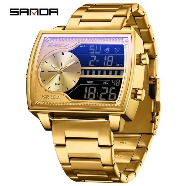 SANDA 6163 Digital Analog Men Watch Square Case Dual Display Steel Leather Silicone Strap Multifunction Sport Business Watch