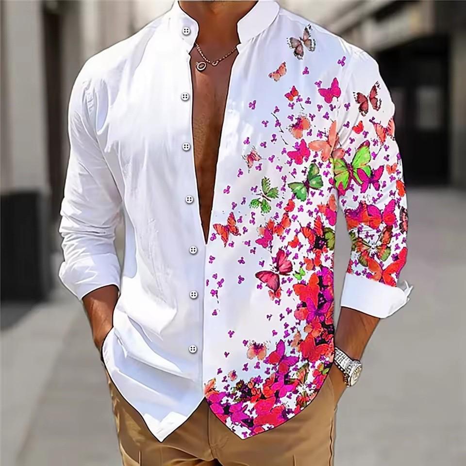 Men s Long Sleeve Shirt Polyester Turn-down Collar Butterfly Floral Print S