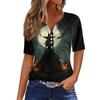 Womens Casual V Neck Short Sleeve Button T Shirt Halloween Pumpkin Witch Print Top Lightweight Comfortable Fit