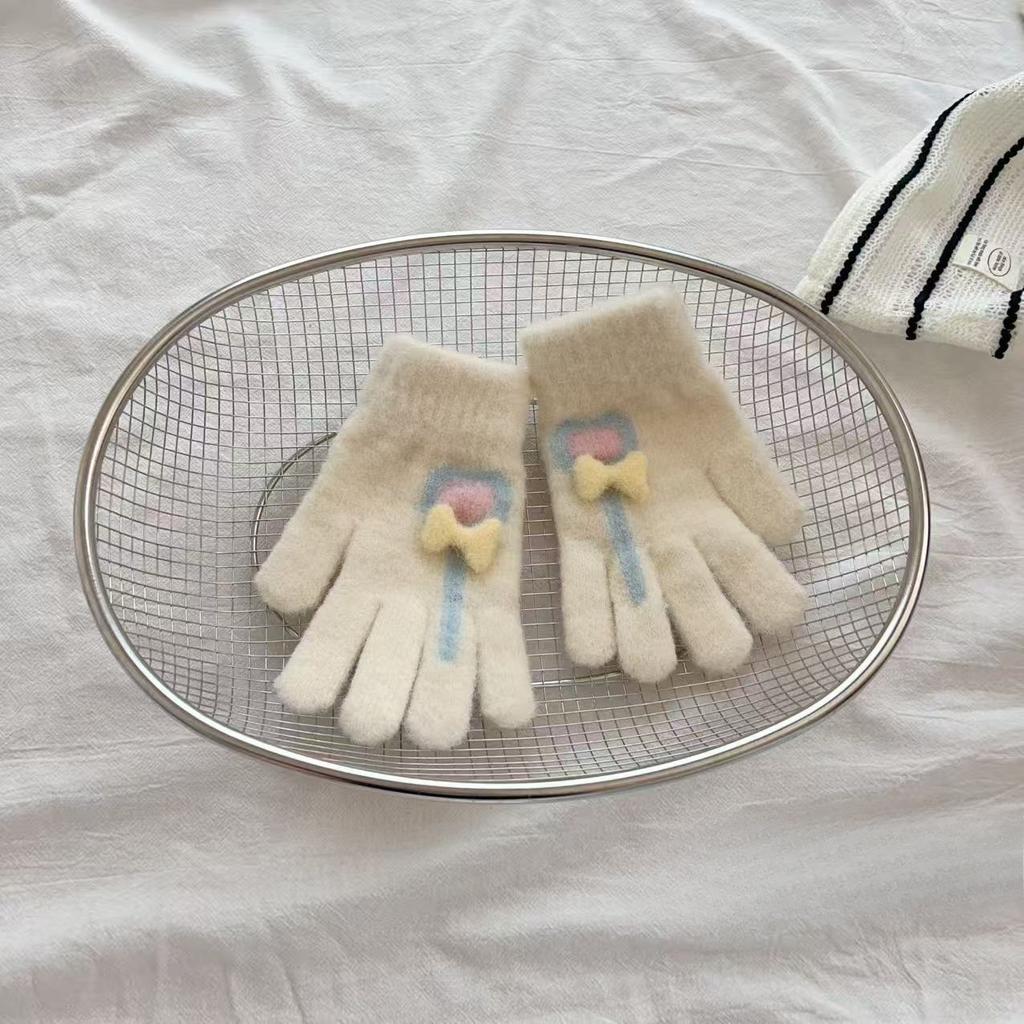 Kinderhandschuhe Herbst und Winter Warm Liebe Lutscher Fünffingerhandschuhe für Mädchen mit Samt und Verdickung