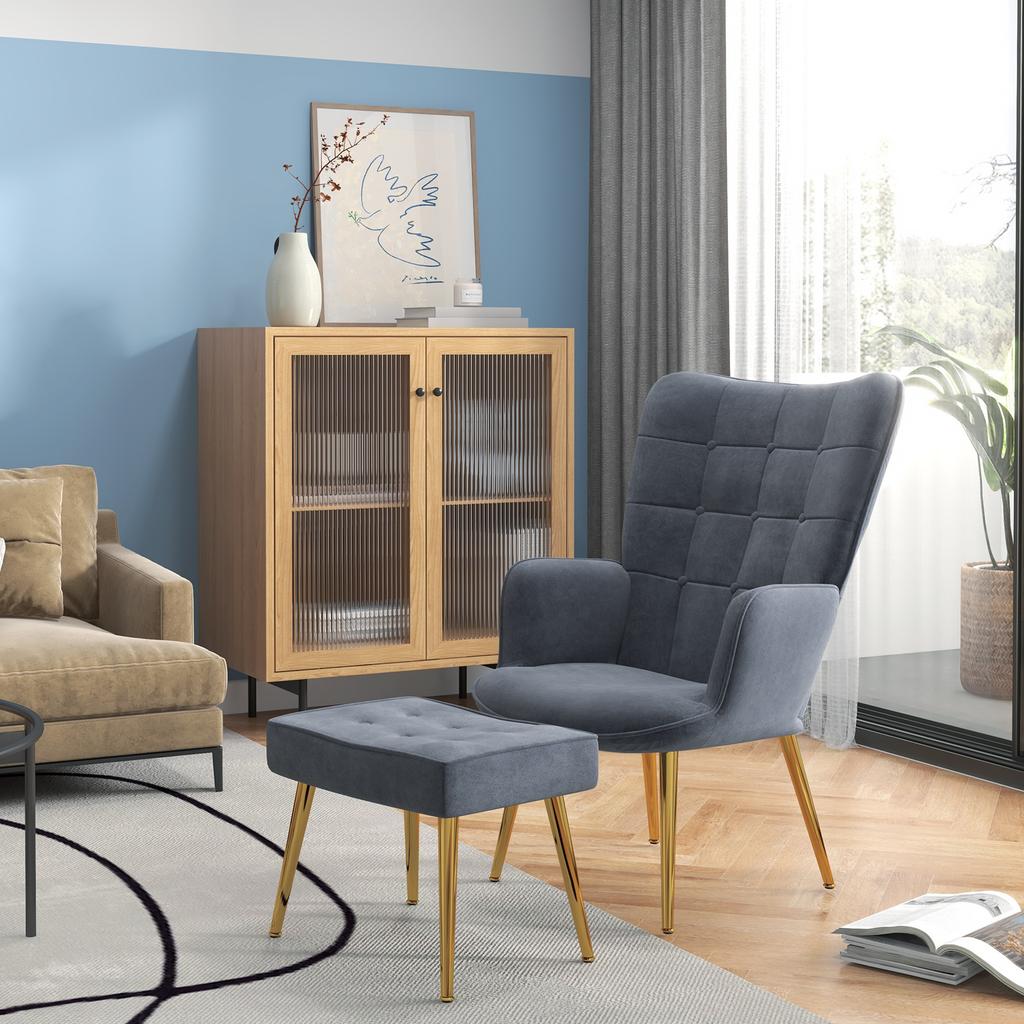 Armchair with Footrest, Upholstered Lounge Chair, High Back, Gold-Tone Steel Legs, Velvet, Dark Gray