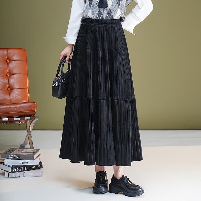 Brand Velvet A-Line Midi Skirt: Women's 2025 Autumn/Winter Elastic Waist, Slimming, Fashionable, Versatile Long Skirt