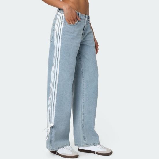 Women's Side Striped Bow Tie Jeans Boyfriend Low Rise Baggy Denim Pants Casual Straight