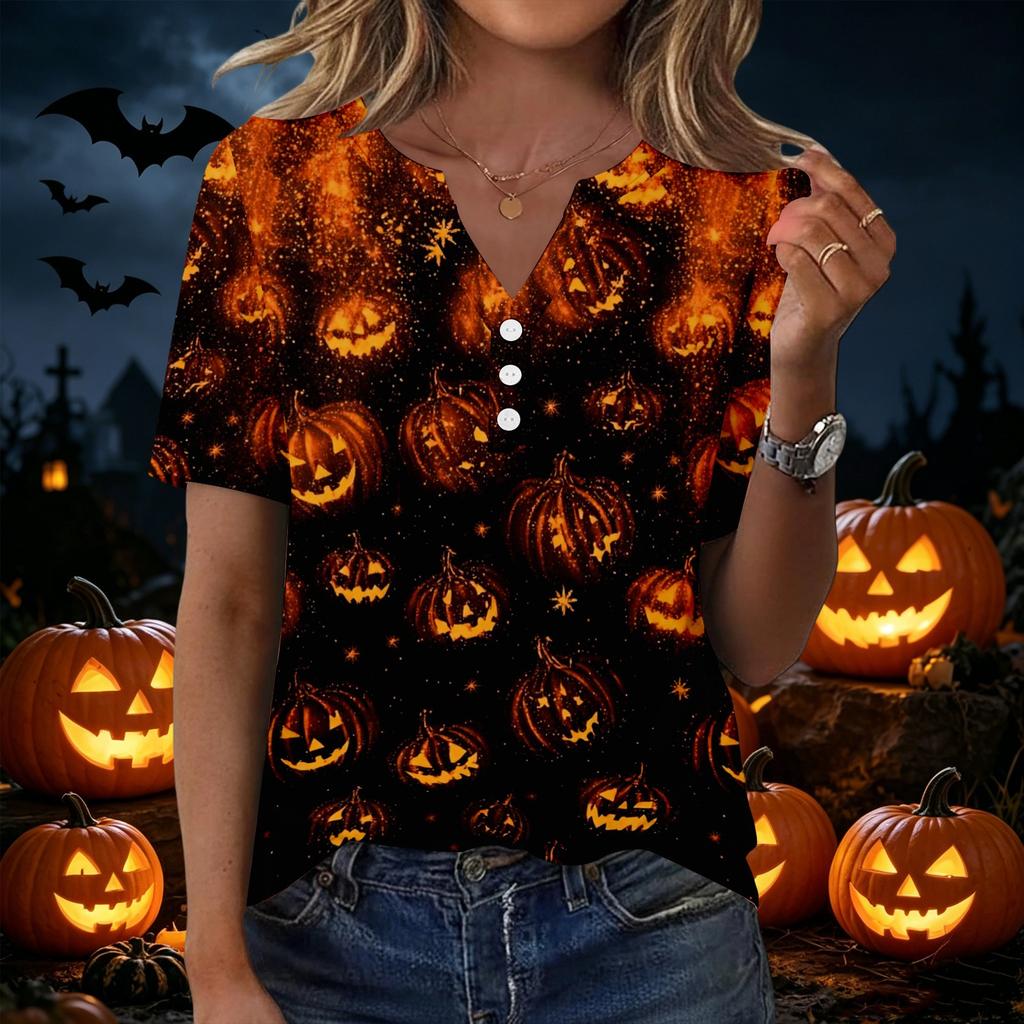 Women's Halloween Print Loose Fit V Neck Short Sleeve Top with Button Detail and Front Pocket Casual Blouse for Seasonal Wear