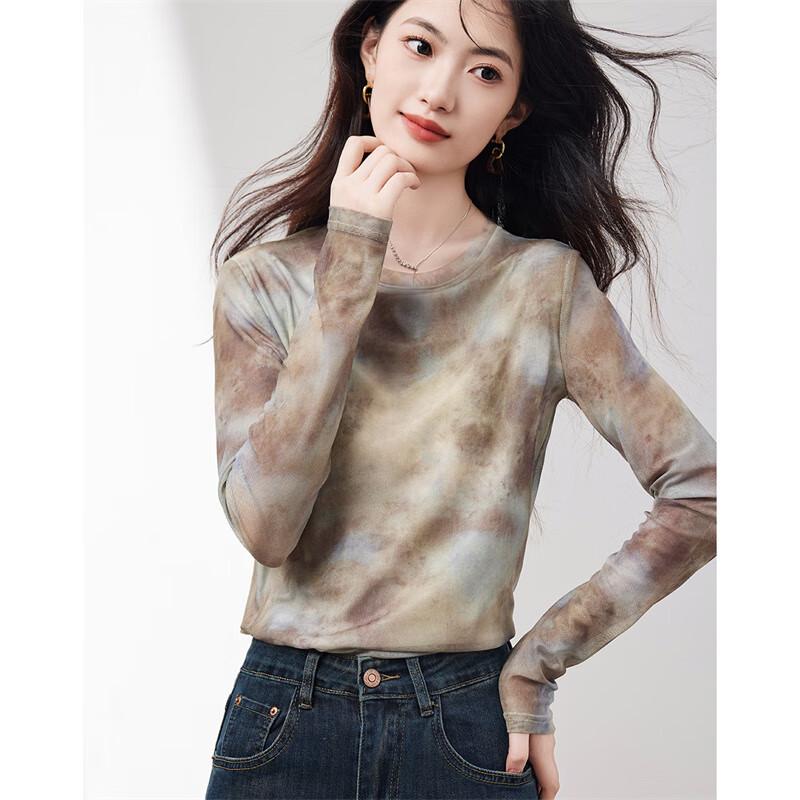 Xinfeiyu Women's Tie-Dye Mesh Long Sleeve T-Shirt