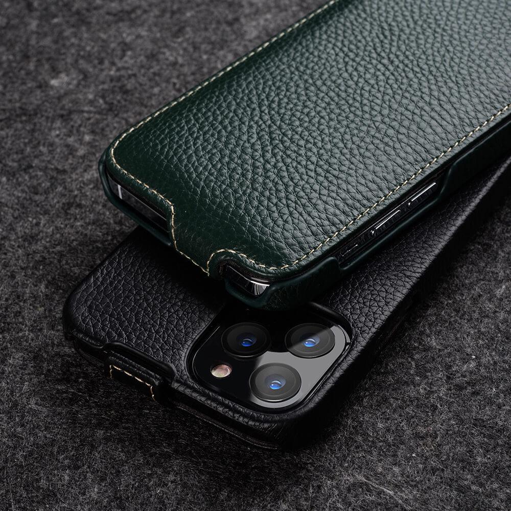 Genuine Leather Flip Cover for Apple iPhone 15 Pro Max, 14 Pro, 13, and 12 Plus