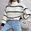 Striped Half High Collar Sweater Lantern Sleeve Knitted Pullover Women's Casual Top Thickened Warm Comfortable Autumn and Winter