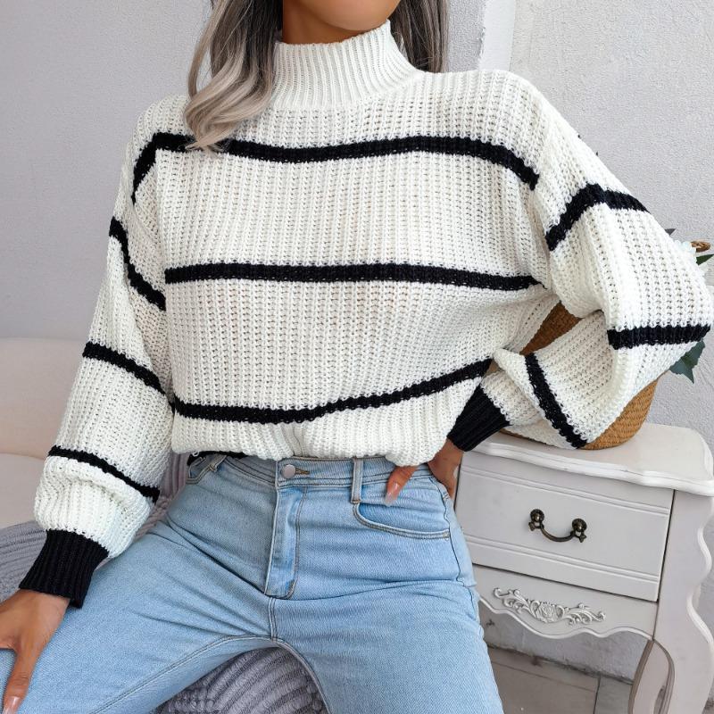 Striped Half High Collar Sweater Lantern Sleeve Knitted Pullover Women's Casual Top Thickened Warm Comfortable Autumn and Winter