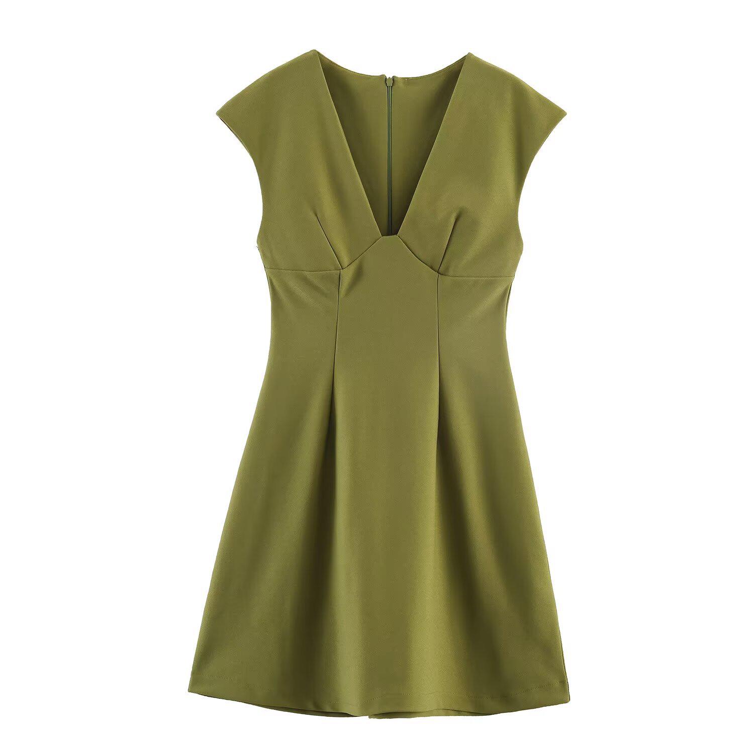 V-neck Pleated Sleeveless Short Dress for Women Medium зелёный