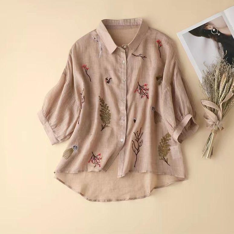 Summer Seven Point Cotton Linen Embroidered Shirt for Women 2026 New Literary Loose Temperament Lapel Casual Top for Women