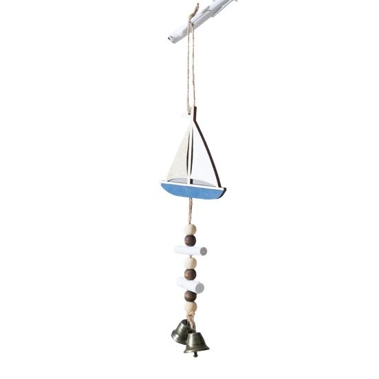 Beach Ocean Starfish Hanging Decoration with Bell Farmhouse Rustic Wooden Sailboat Shell Ornament Summer Nautical Coastal Wind Chime Pendant