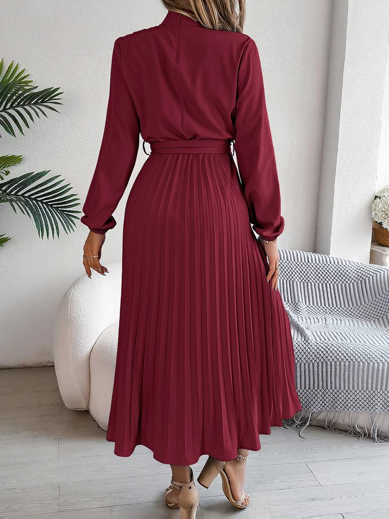 Fall Elegant Stand Collar Long Sleeve Ruched Waist A-Line Dress Women's Formal Wear