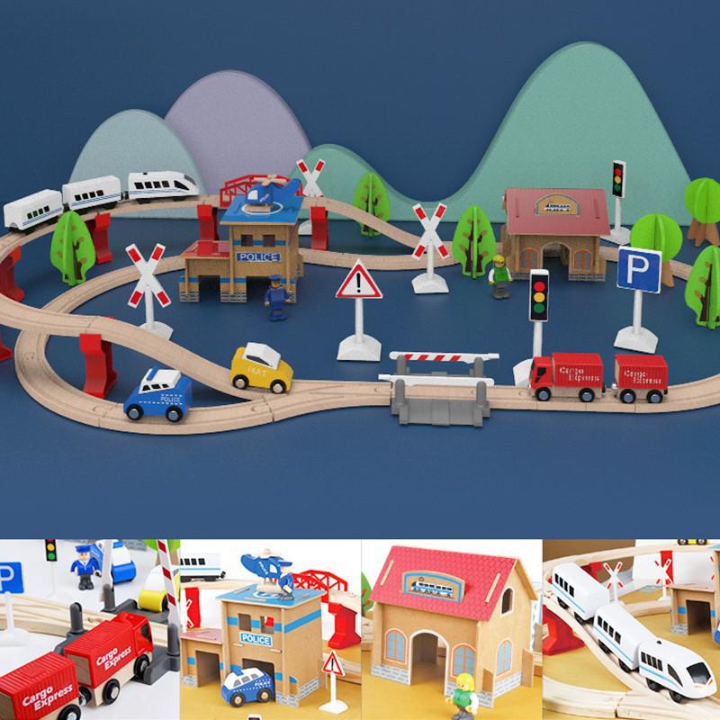 Wooden Electric Train Track & Car Building Blocks Set for Kids