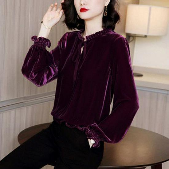 Women's Retro Velvet Loose Long Sleeve Shirt - French Korean Style, Spring 2025