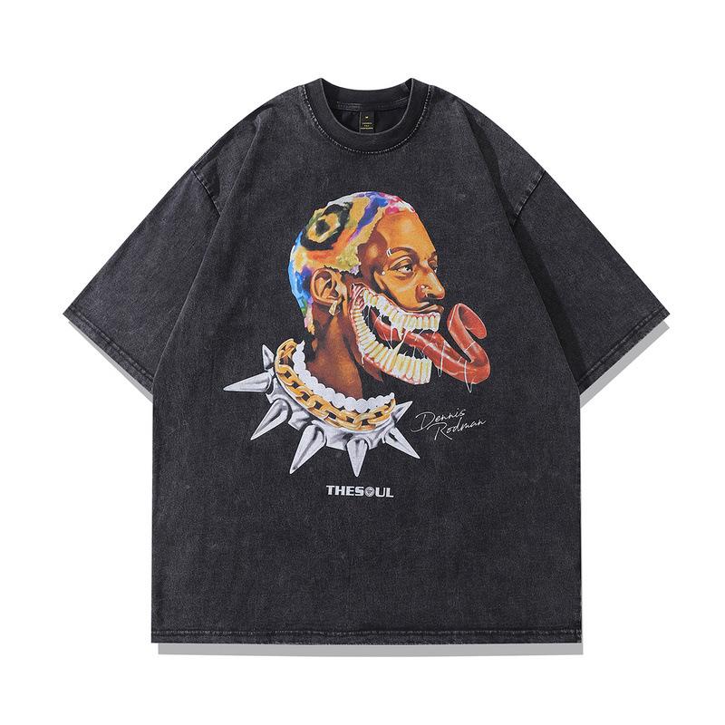 American Street Style Rodman Character Retro Short-Sleeved Men'S And Women'S Ins High Street Washed Old Loose T-Shirt
