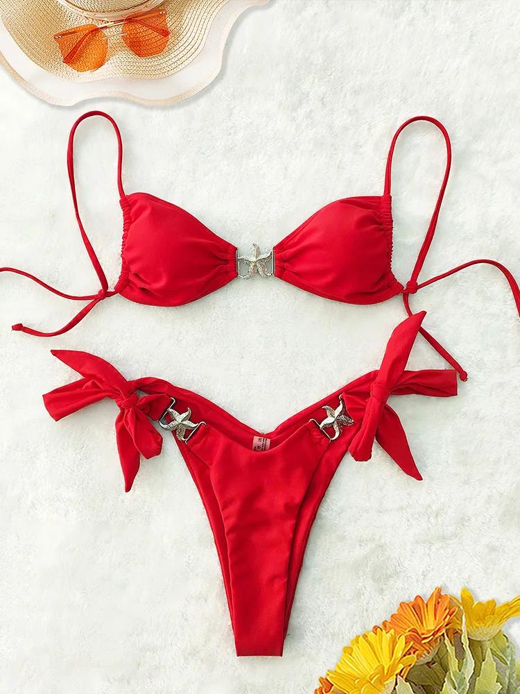 

2025 New Summer Swimwear Bikini Set Sexy Laced Up Bikini 2 Piece Set Women Split Swimsuit High Waist Beach Backless Bikini L червоний