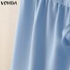 VONDA Women Summer V Neck Short Sleeve Solid Color Twisted Casual Pleated Dress