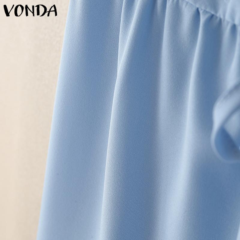 VONDA Women Summer V Neck Short Sleeve Solid Color Twisted Casual Pleated Dress