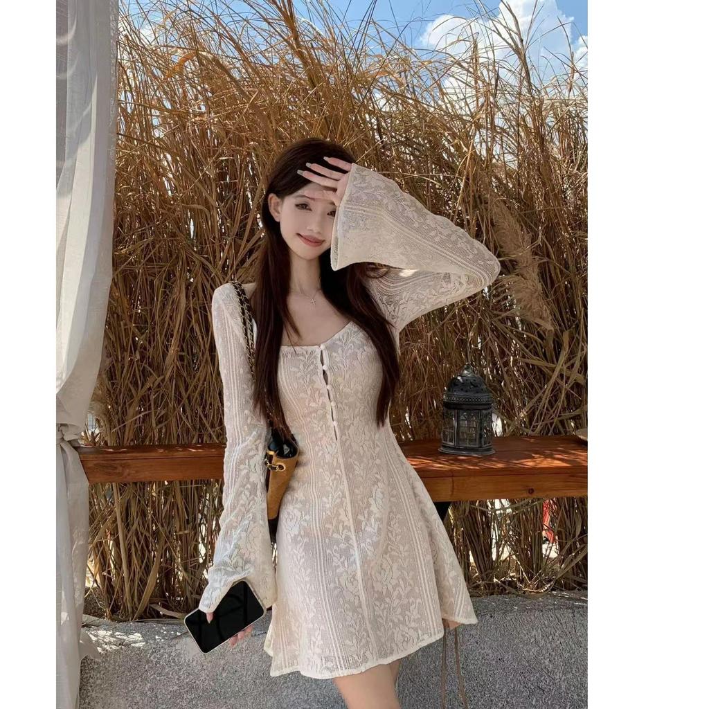 Hollow Lace Bell Sleeve Dress - Women's Elegant Slimming Autumn Style, Waist-Cinching Long Sleeve Skirt