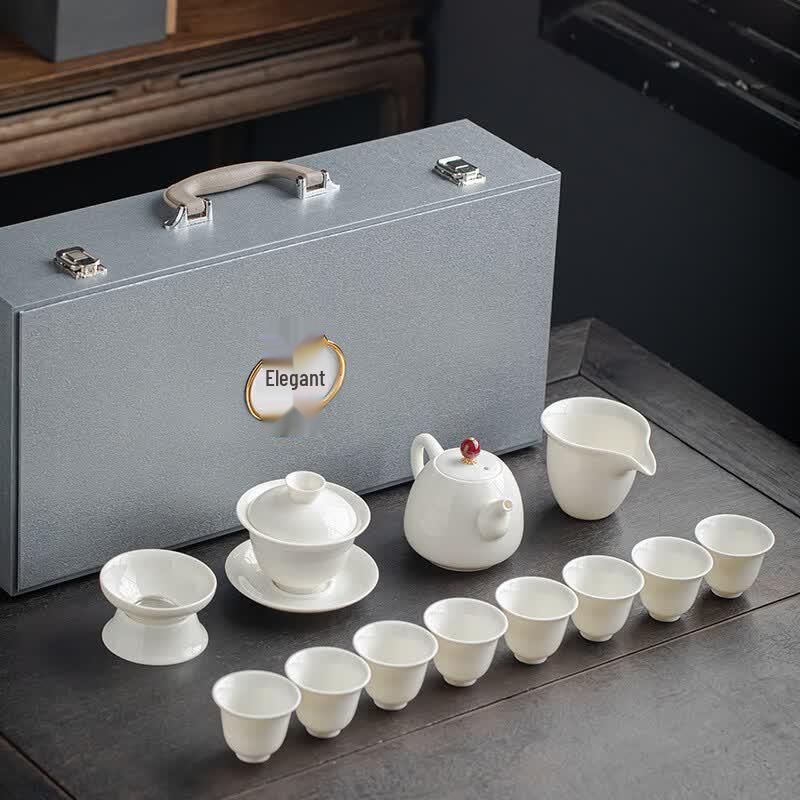 12-Piece White Jade Ceramic Gongfu Tea Set