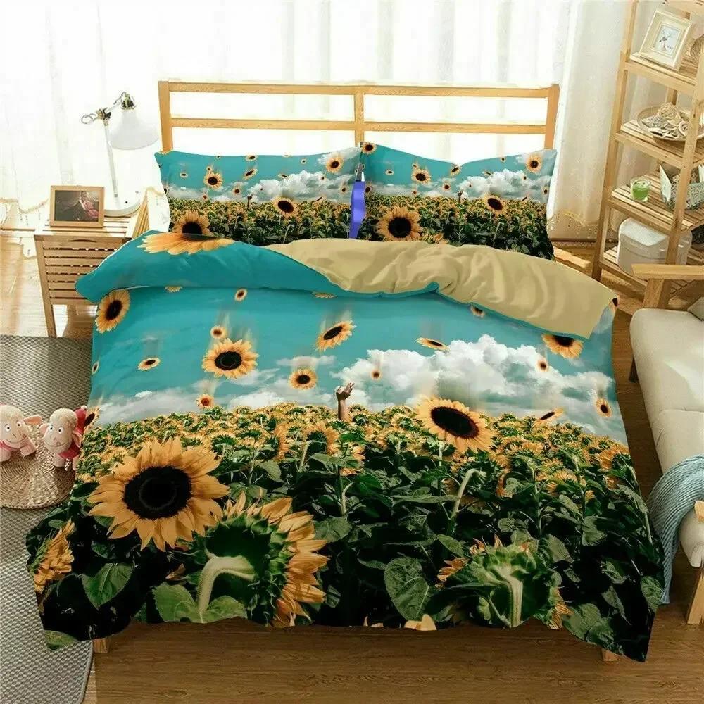 Top 3D Floral Comforter Cover King Size for Kids Women Yellow Flowers Bedding Set Sunflower Duvet Cover Polyester Quilt Cover