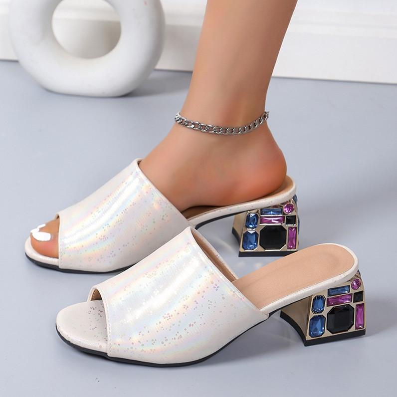 Summer New Women's High-heel Slippers Sexy Print Fish Mouth Ladies Slides Cloth Stiletto Sandals Pointed Toe Fashion Pumps